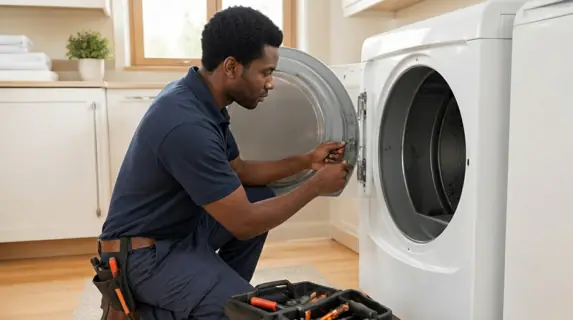 Grakellis technician repairing the open door of a home clothes dryer