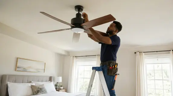 Grakellis technician on a ladder wiring a ceiling fan in a bedroom