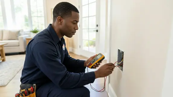 Grakellis technician testing the wiring inside a home wall with a multimeter