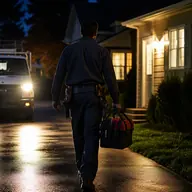 Emergency technician arriving at a home after dark