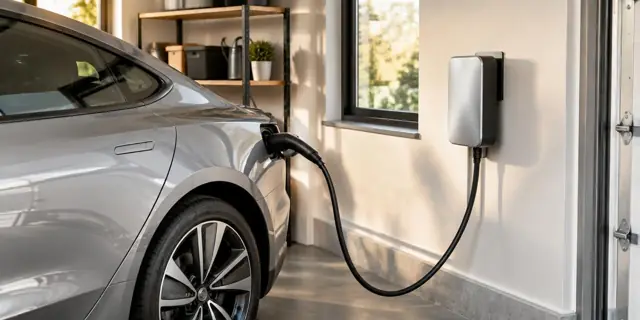 An electric car charging from a wall-mounted home charging station in a garage