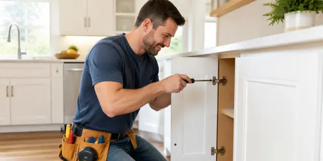 Grakellis handyman with a tool belt tightening the hinge of a white cabinet door