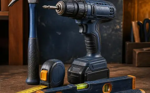 Professional drill, hammer, level, and hand tools for handyman service