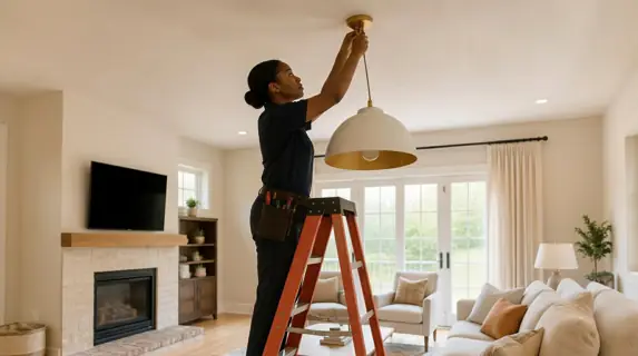 Grakellis technician on a ladder hanging a new pendant light from the ceiling