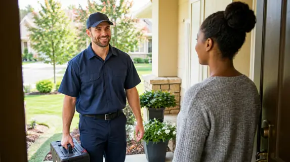 Grakellis technician with a toolbox greeting a homeowner at the front door