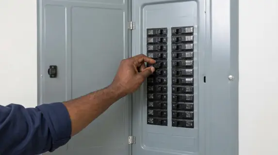 A hand switching a breaker inside an open home electrical panel