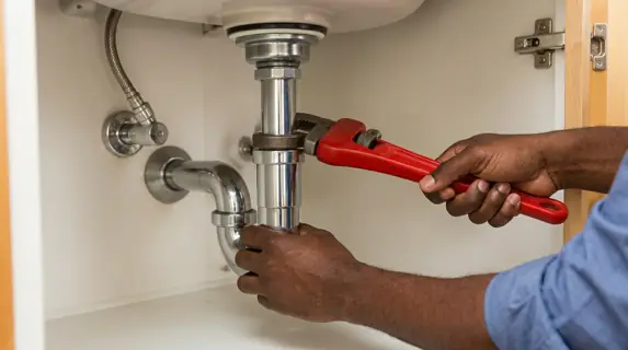 Grakellis plumber tightening the drain pipe under a kitchen sink with a red wrench