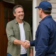 Satisfied homeowner greeting a service technician