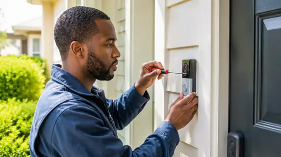 Grakellis technician installing a smart video doorbell beside a front door