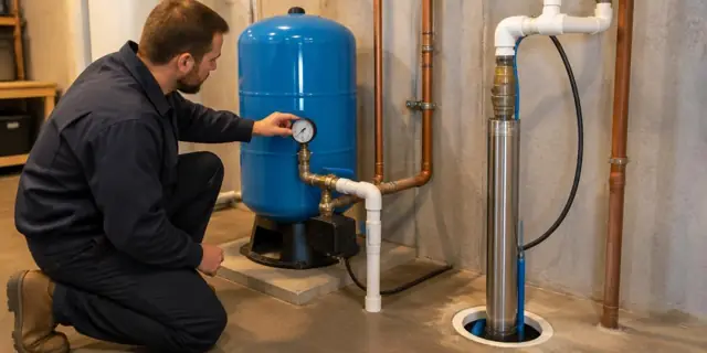 Grakellis technician checking the pressure gauge on a blue well water tank next to a submersible pump