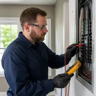 Professional electrical technician testing a residential panel