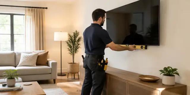 Grakellis technician using a level to mount a flat-screen TV on a living room wall
